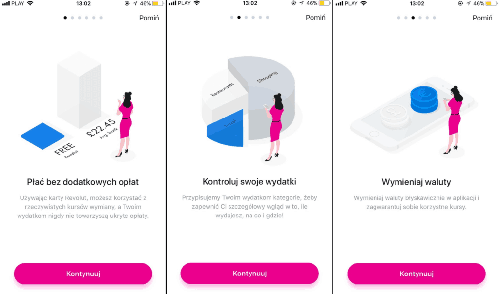 screeny z aplikacji revolut, pokazujące jej funkcje 