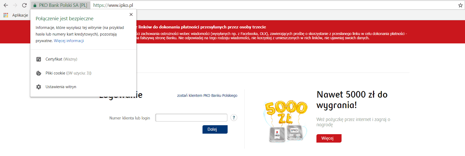 informacja o certyfikacie bezpieczeństwa podczas logowania się do banku PKO BP